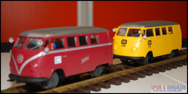 BREKINA: Der bekannte Rail-VW-Bus in Gartenbahnmaßstab kommt nun in der Ursprungsversion von Beilrock und als gelbes Modell der DB.