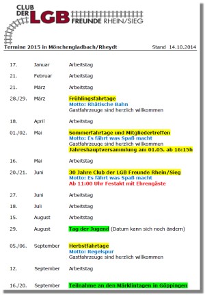 Termine des Clubs der LGB Freunde Rhein Sieg fr 2015 steht bereit! 