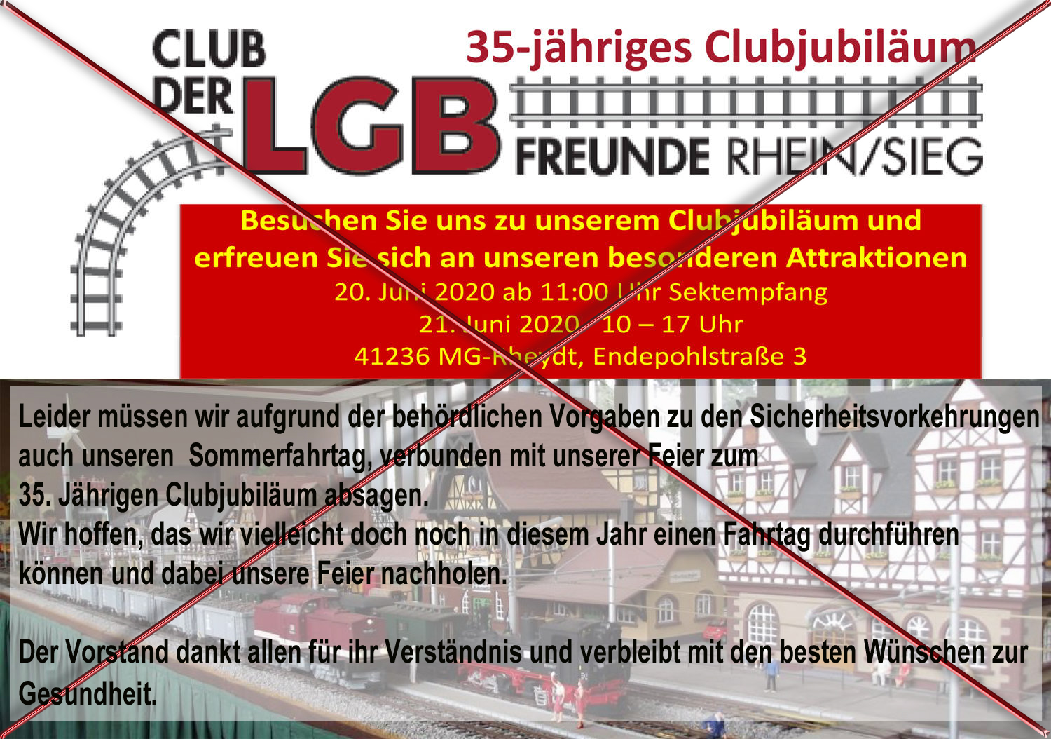 Leider mssen wir aufgrund der behrdlichen Vorgaben zu den Sicherheitsvorkehrungen auch unseren Sommerfahrtag, verbunden mit unserer Feier zum 35. Jhrigen Clubjubilum absagen.