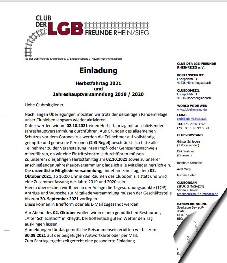 Einladung zur Jahreshauptversammlung 2021 - für 2019/2020