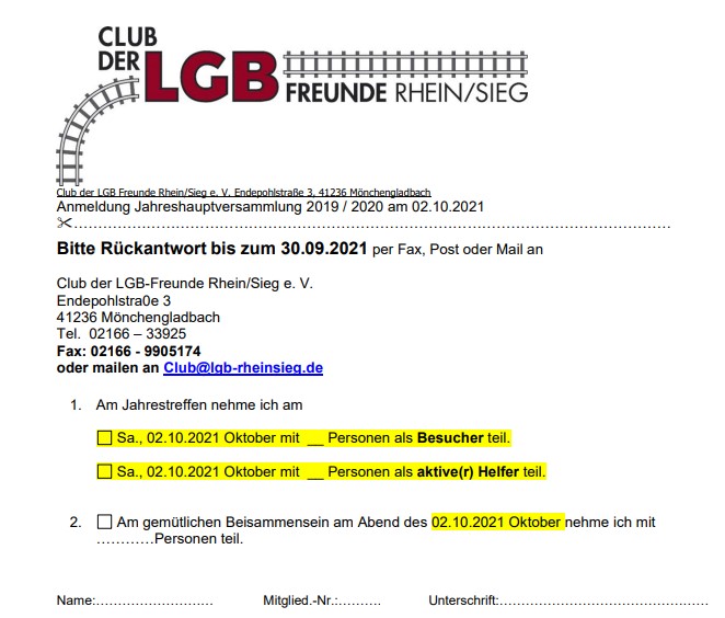 Rückantwor für die Anmeldung zur Jahreshauptversammlung - downloaden , ausfüllen und zurücksenden! 